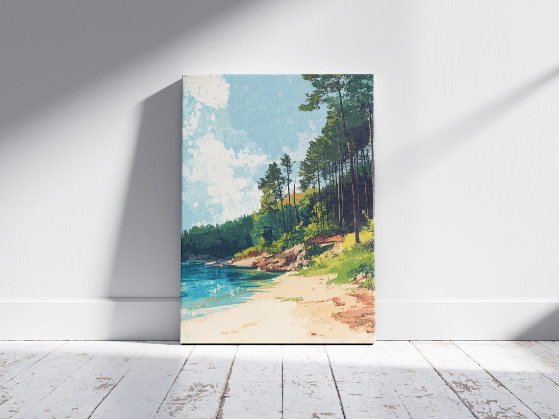 Sandy Beach Cove with Turquoise Water Pine Forest Art Poster - Image 2