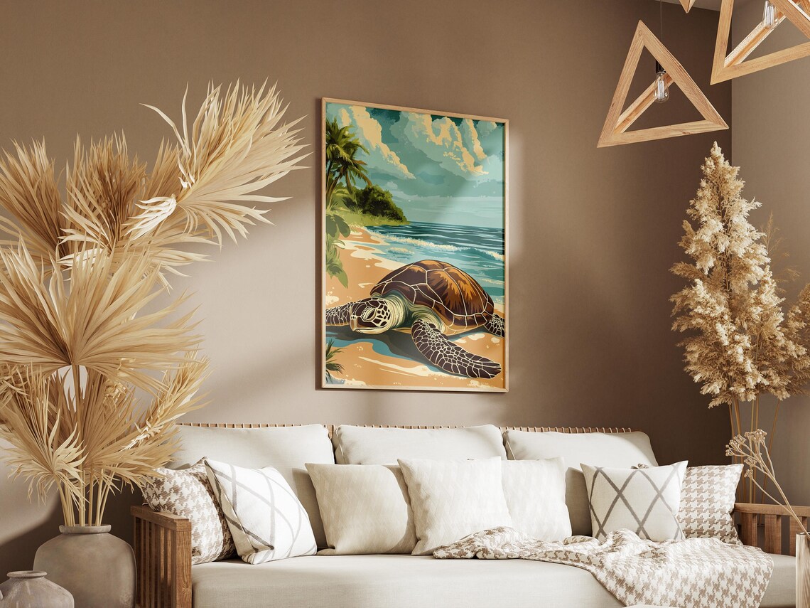 Sea Turtle Resting on a Golden Tropical Beach Illustration Poster - Image 3