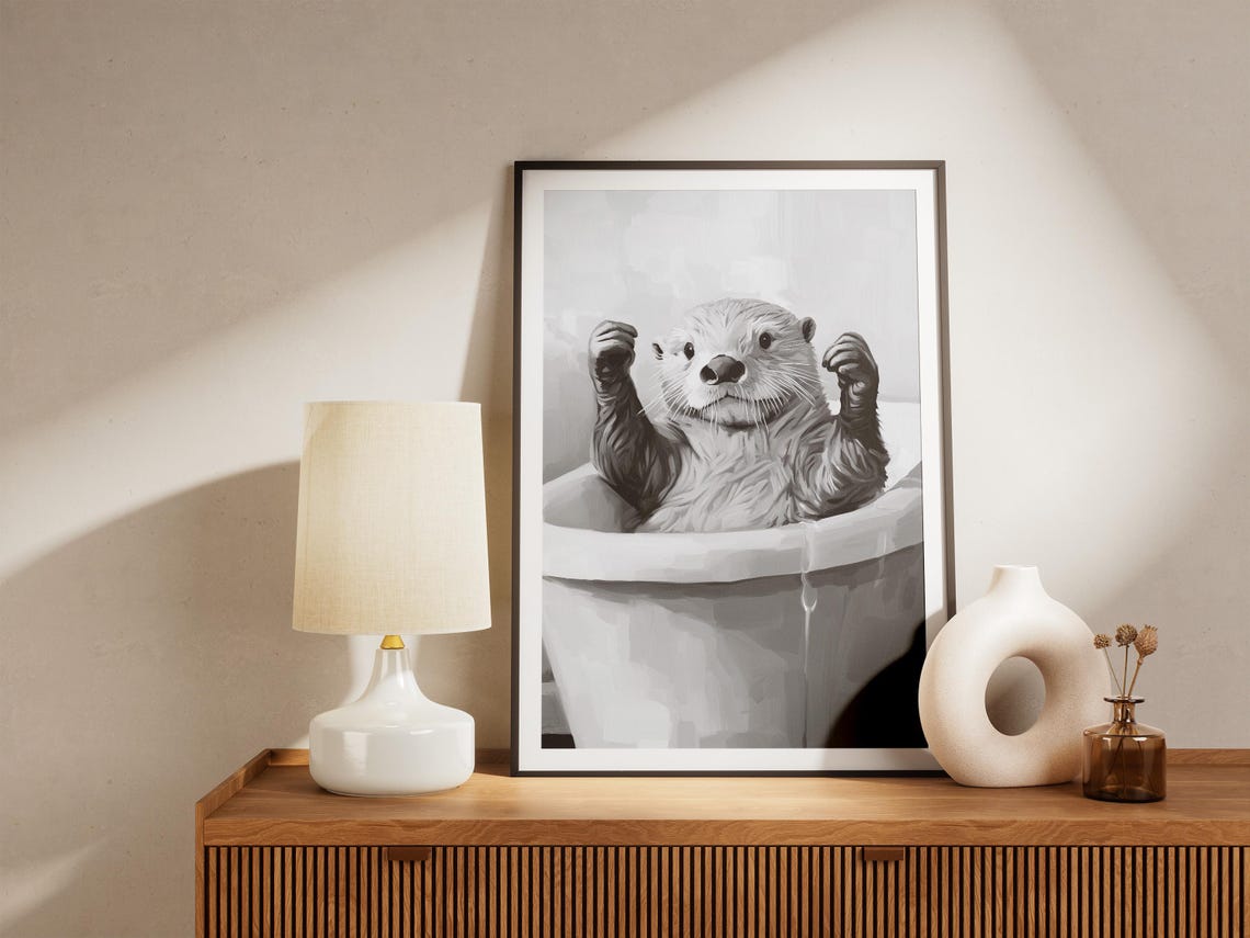Cheerful Sea Otter Bubble Bath Cute Minimalist Animal Poster - Image 4
