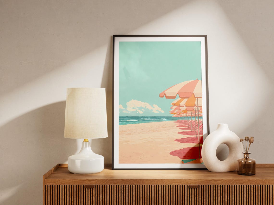 Pink Beach Umbrellas Poster Summer Coastal Art For Beach House Decor - Image 4