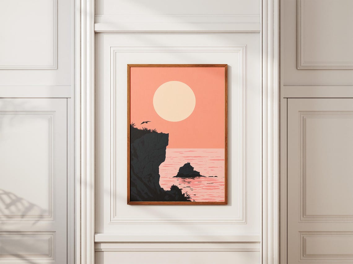Coral Sunset Over a Black Cliff Silhouette and Pink Sea Poster - Image 2