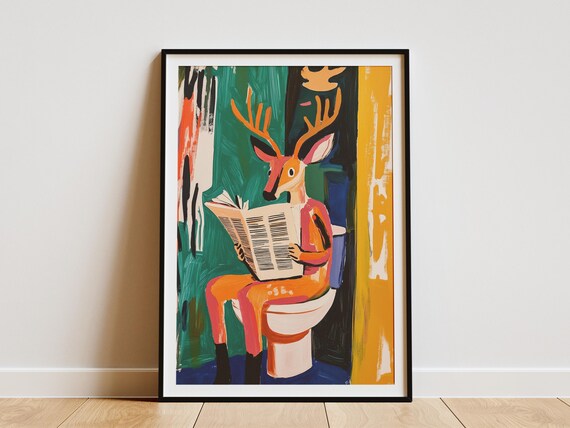 Deer on Toilet Reading Newspaper Colorful Funny Animal Poster