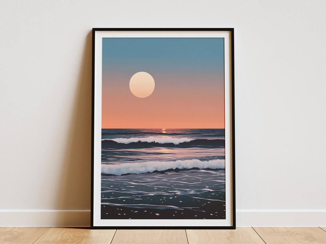 Moonlit Ocean Waves Under A Big Moon Nighttime Seascape Poster
