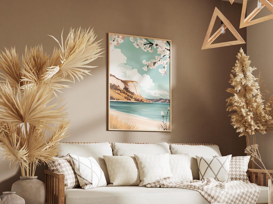 Coastal Cliff And Sandy Beach Framed By Cherry Blossoms Poster - Image 3