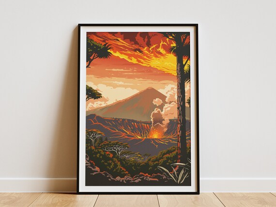 Hawaii Volcanoes National Park Erupting Volcano Sunset Vintage Poster