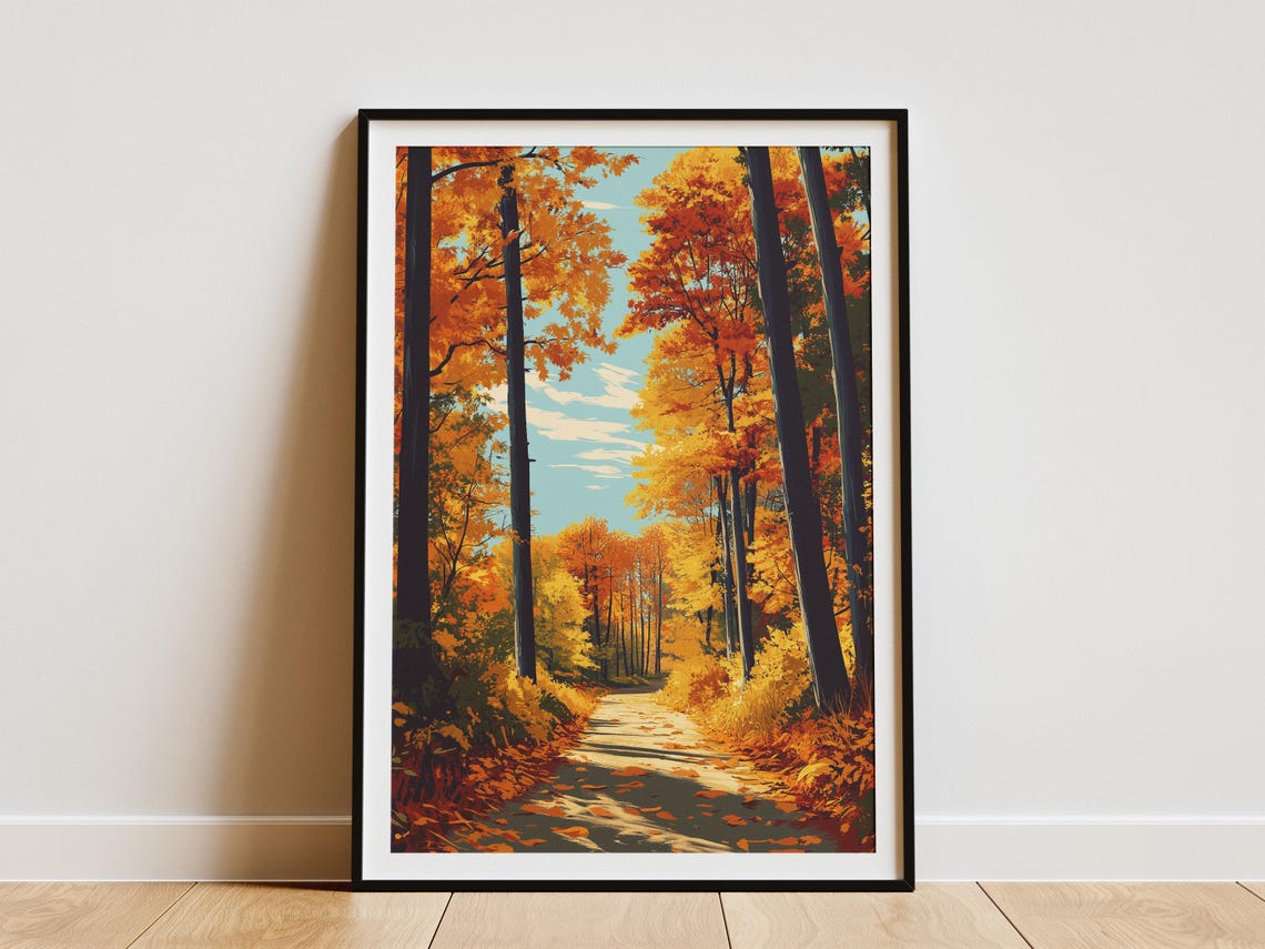Golden Autumn Forest Path Lined With Orange Maple Trees Poster