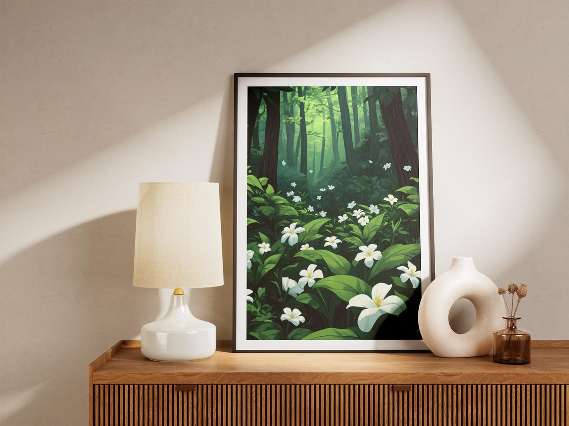 White Trillium Flowers Sunlit Forest Glade Fresh Flower Poster - Image 5