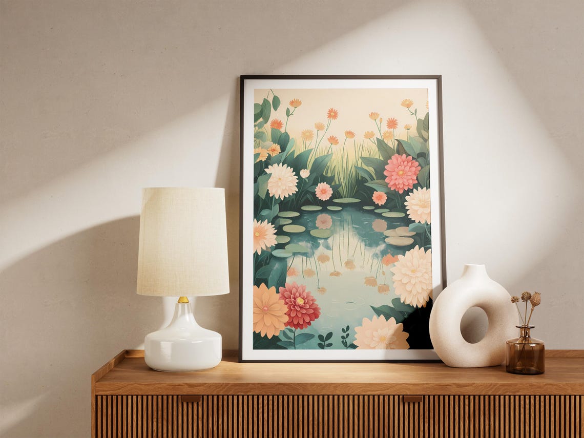 Pastel Dahlia Pond Dreamy Romantic Floral Waterside Scene Poster - Image 5