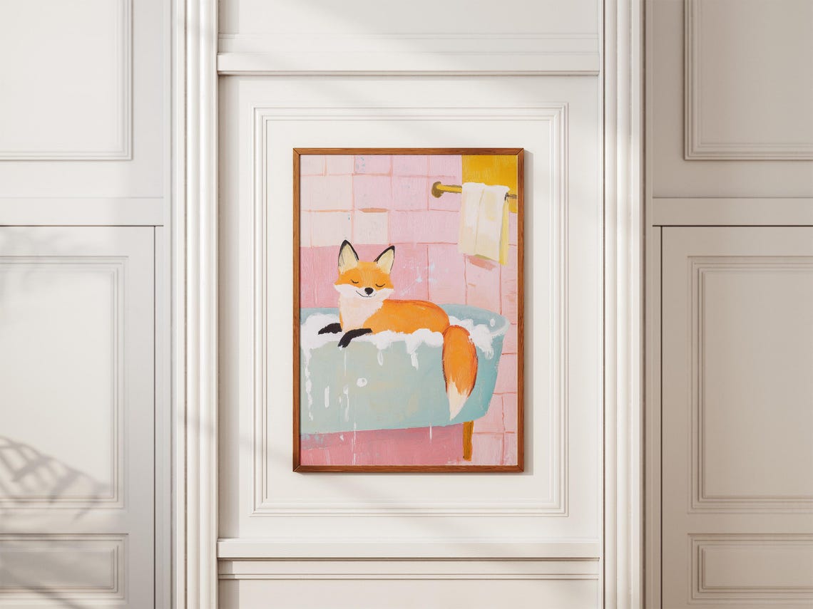 Sleepy Orange Fox Floating In Mint Bubble Bath Bathroom Poster - Image 2