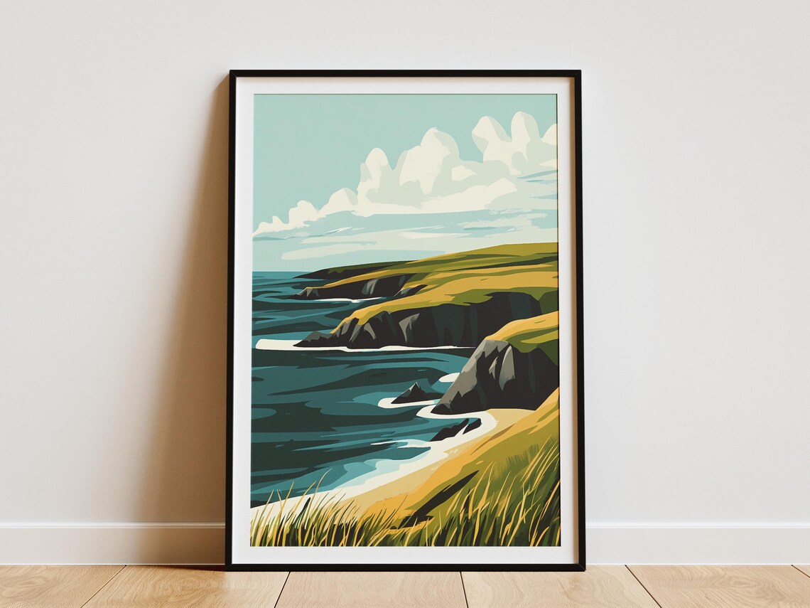 Shetland Islands Golden Moorland Cliffs Dark Blue Sea View Poster