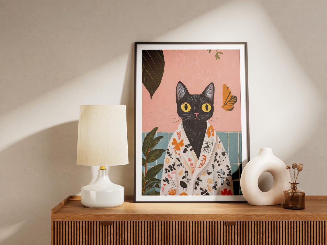 Black Cat in Floral Bathrobe with Butterfly Botanical Wall Poster - Image 4