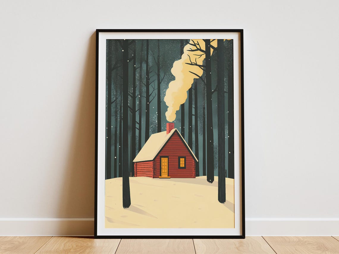 Little Red Cabin in a Snowy Pine Forest With Chimney Smoke Poster