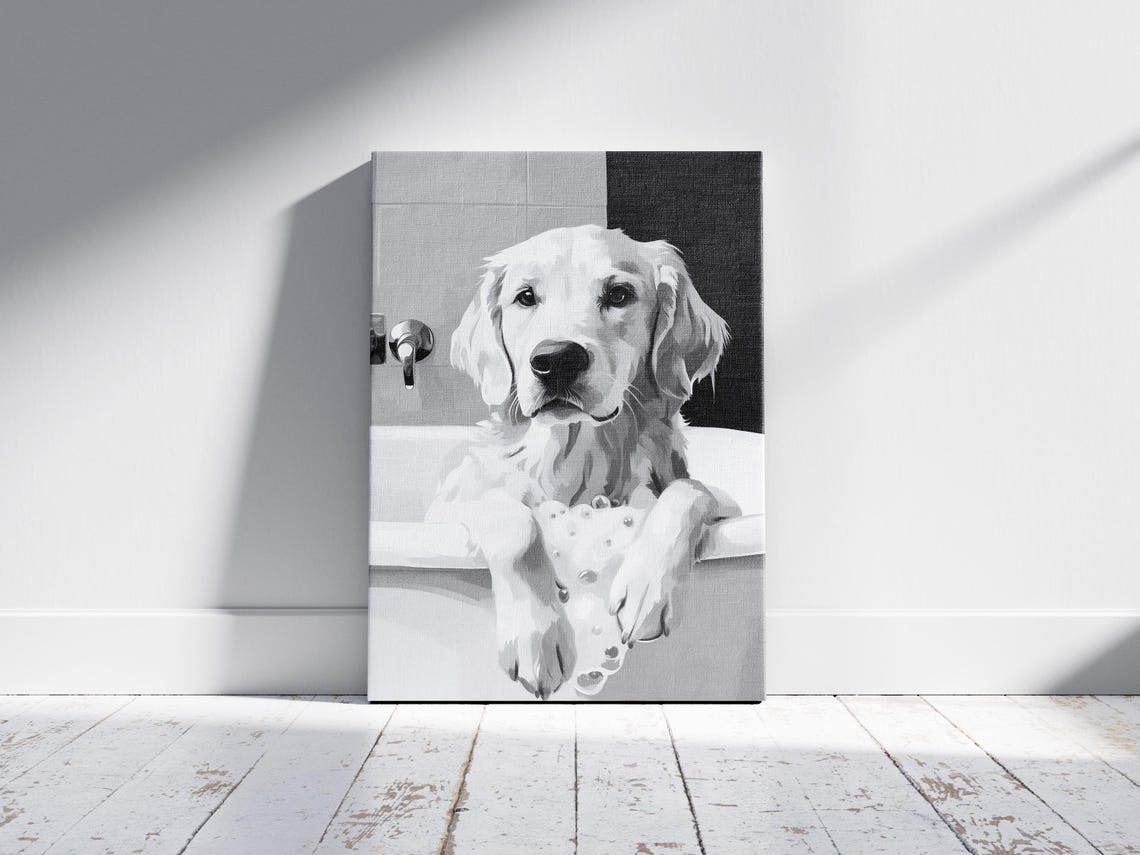 Golden Retriever In A Bubble Bath Black And White Art Poster - Image 2