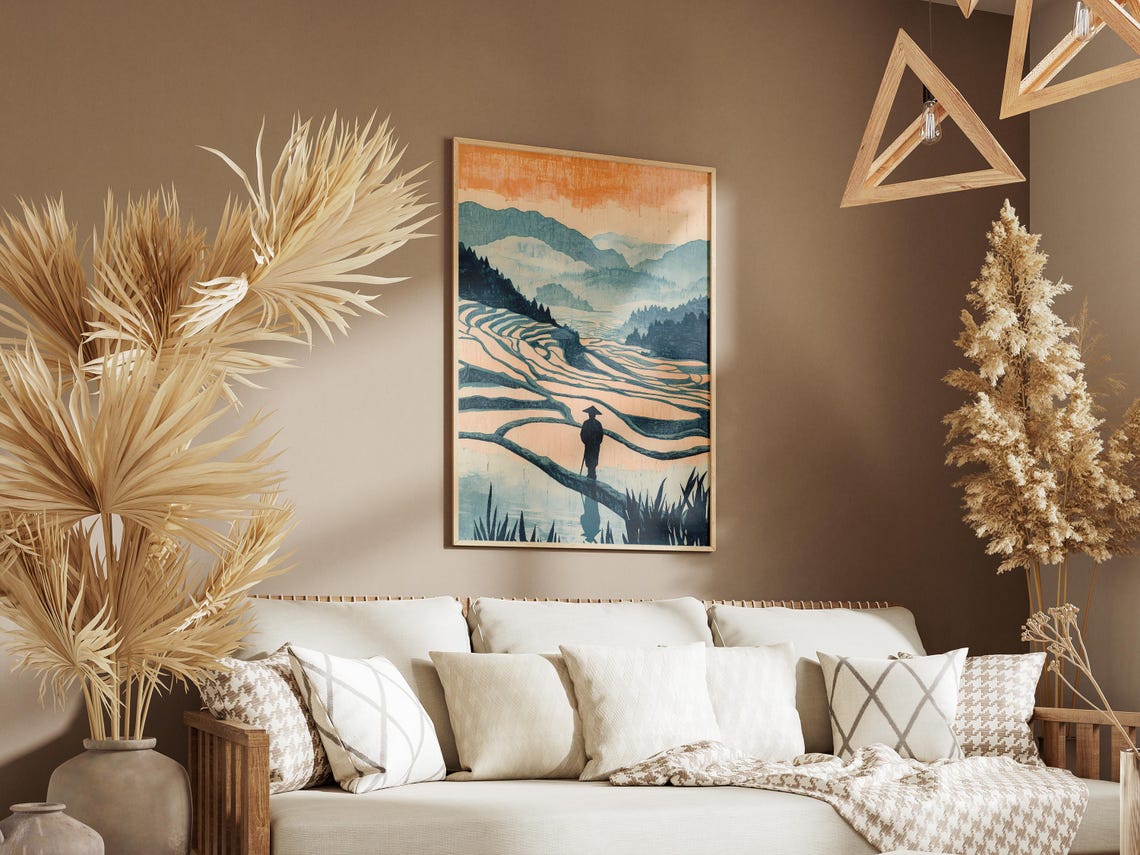 Farmer Silhouette Curved Rice Terraces Dawn Mountains Poster - Image 3