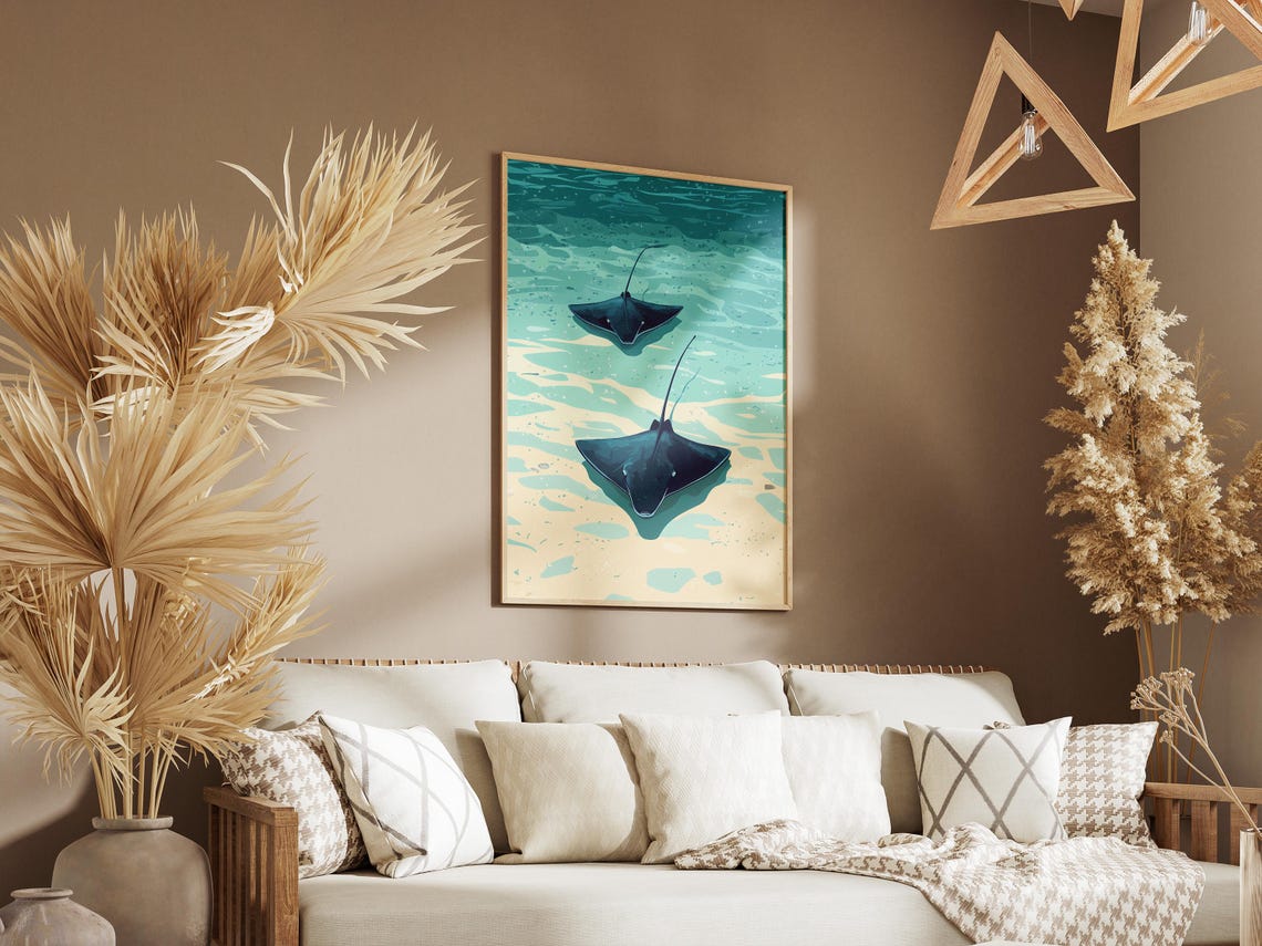 Two Stingrays Gliding Over Shallow Turquoise Water Ocean Poster - Image 3