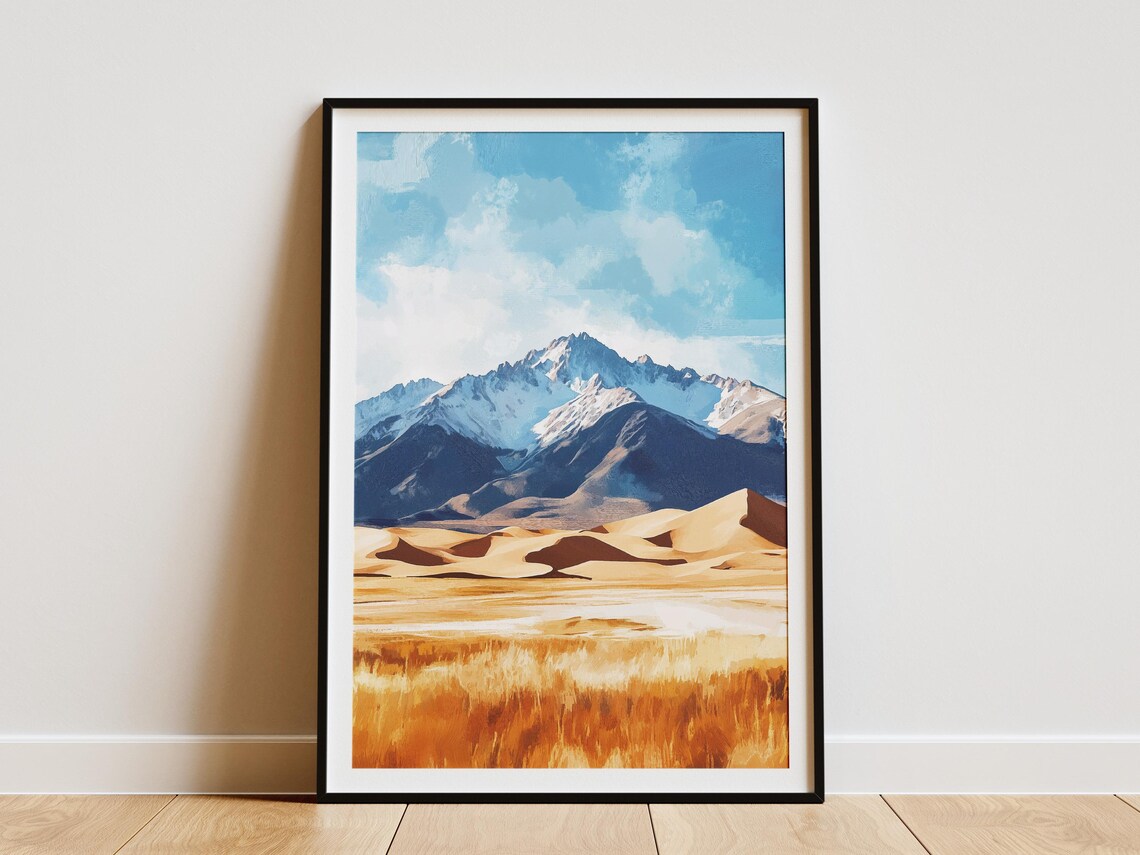 Snowy Mountain Peak Desert Sand Dunes Golden Hour Sunset Poster