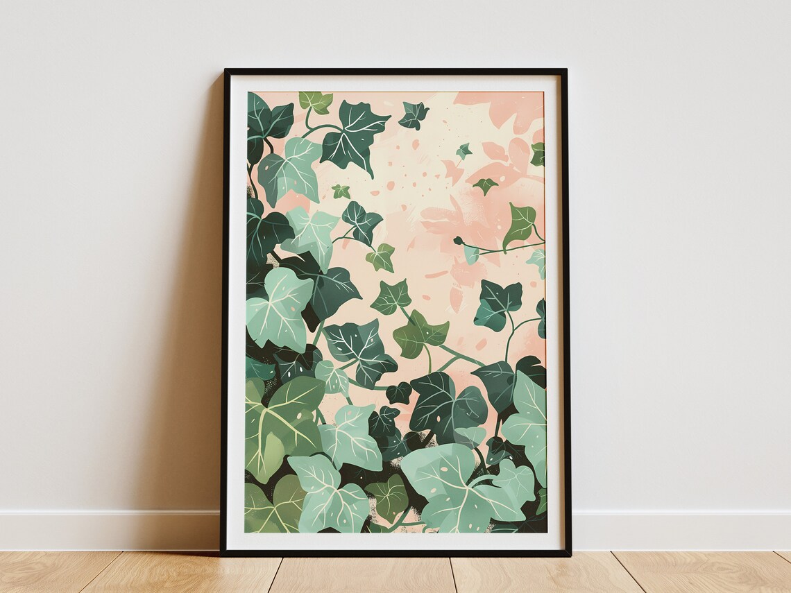 Green Ivy Vines Trailing Peach Minimalist Botanical Art Poster
