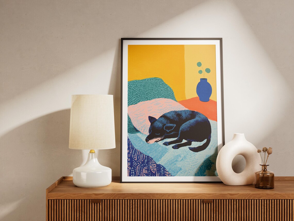 Black Dog Sleeping on a Colorful Bed in Bold Modern Abstract Art Poster - Image 4