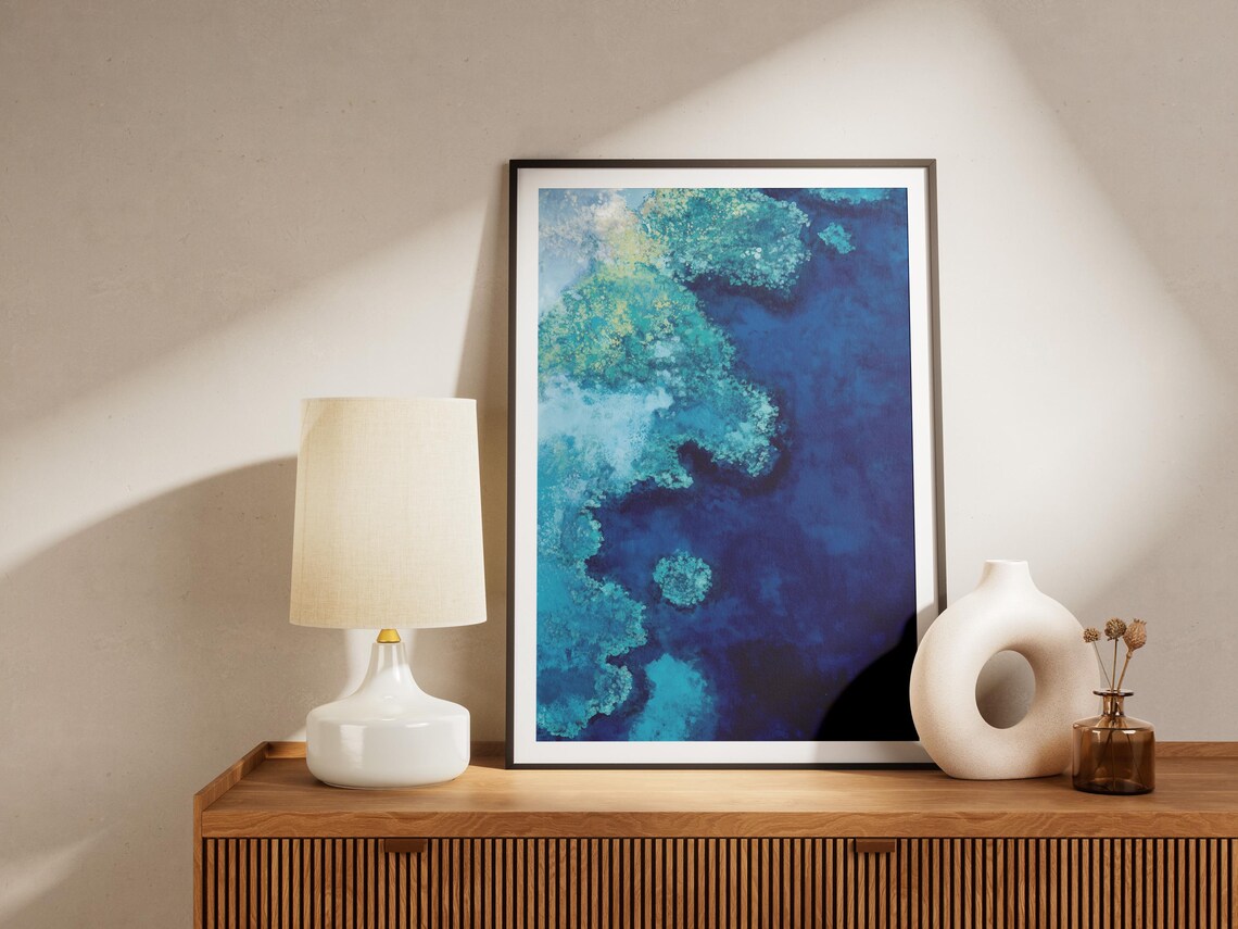 Deep Blue Ocean Coral Reef Aerial View Modern Abstract Art Poster - Image 4