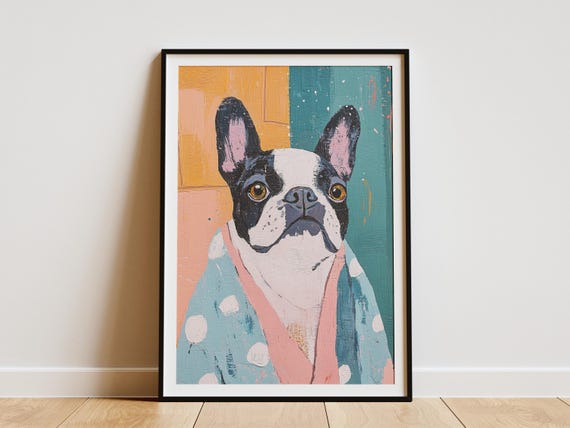 French Bulldog Painting Dog Art Print Cute Puppy In Bathrobe Poster Modern Wall Decor Pet Lover Gift Canine Bathroom