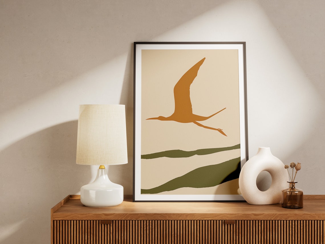 Soaring Heron Silhouette Cream Sky Minimalist Abstract Art Print - Image 2