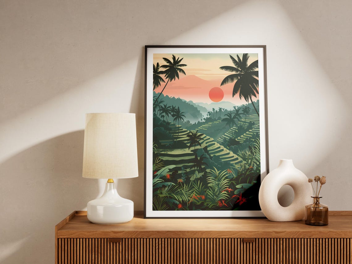 Bali Rice Terraces Tropical Sunset Palm Silhouette Travel Poster - Image 2