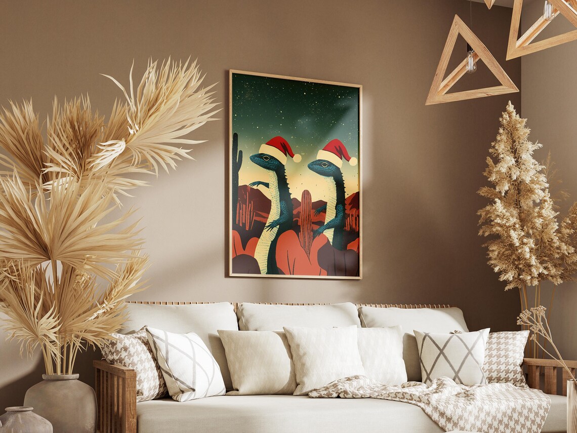 Funny Christmas Lizards in Santa Hats Desert Night Holiday Poster - Image 3