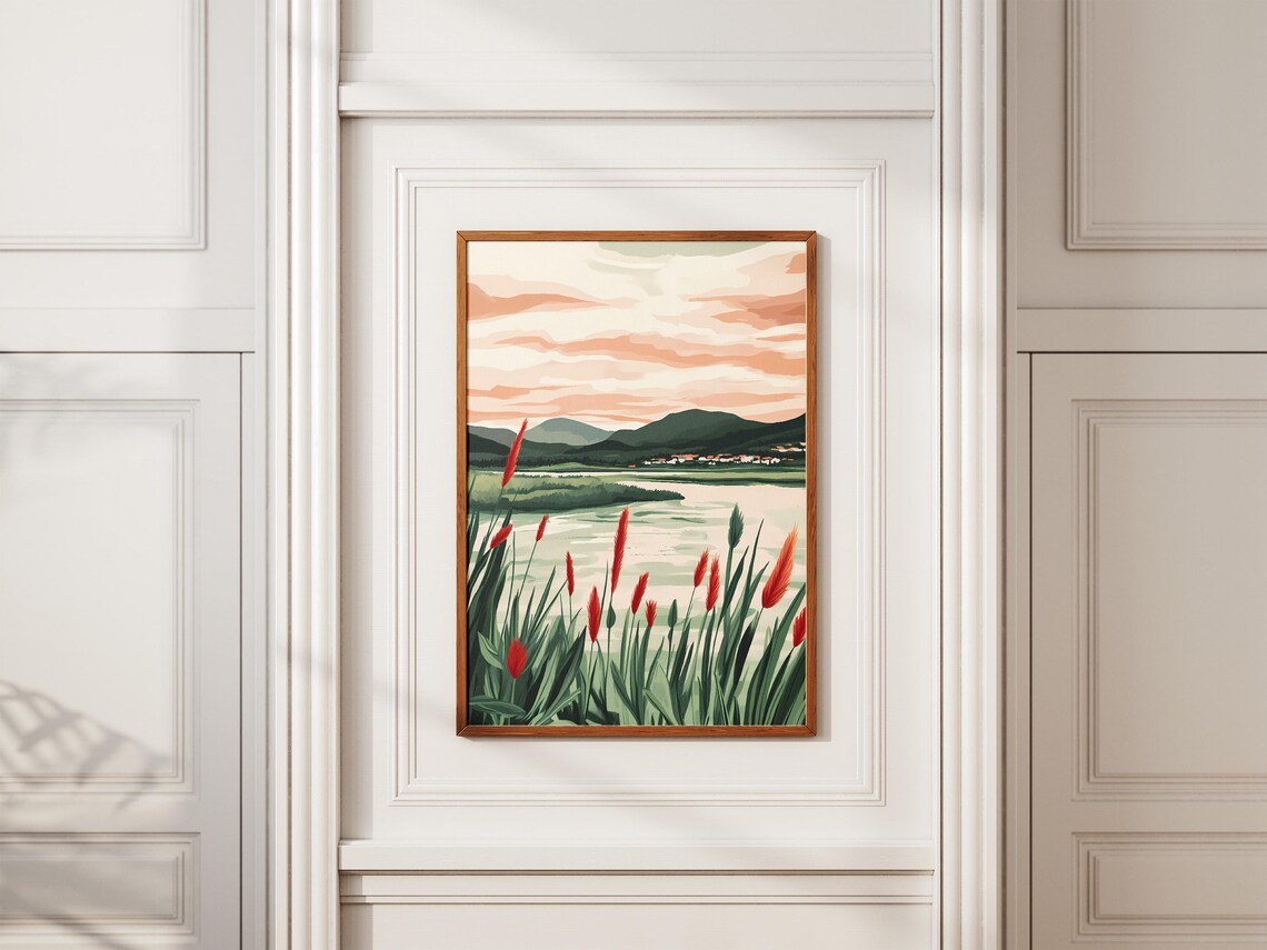Crimson Cattail Reeds by a Calm Lakeside Meadow Sunset Poster - Image 2