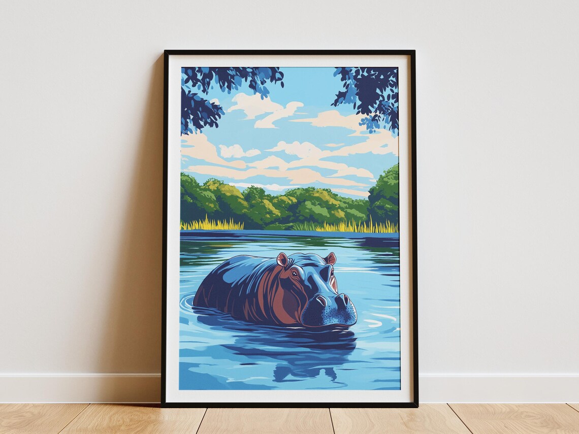 Hippopotamus River Lush Jungle African Safari Wildlife Poster