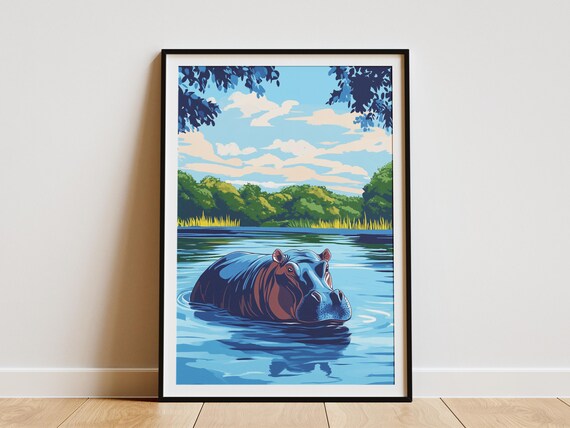 Hippopotamus River Lush Jungle African Safari Wildlife Poster