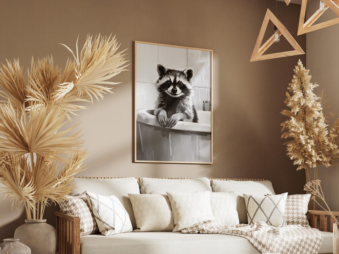 Baby Raccoon in Bathtub Minimalist Black and White Animal Poster - Image 3
