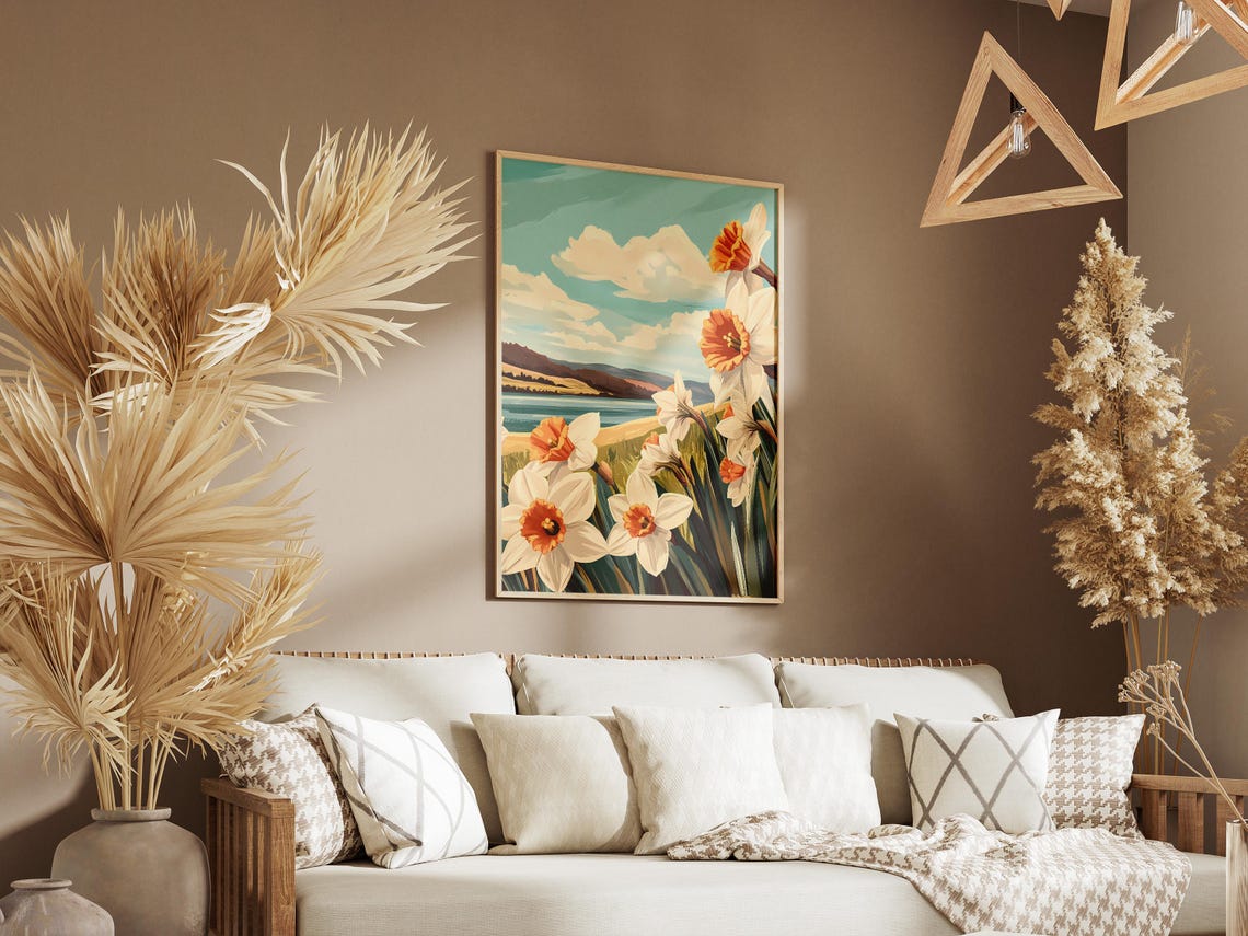 Fresh White Daffodils By The Lake Spring Day Landscape Poster - Image 3