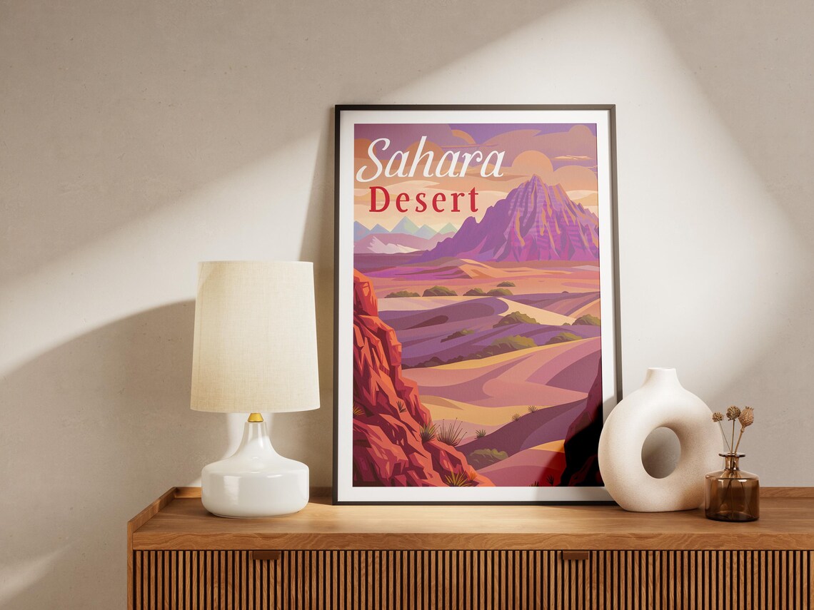 Sahara Desert Purple Dunes Pink Mountains Vintage Travel Poster - Image 2
