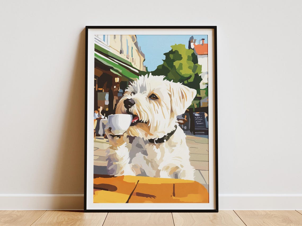 West Highland Terrier With Coffee At A Sunny Cafe Terrace Poster
