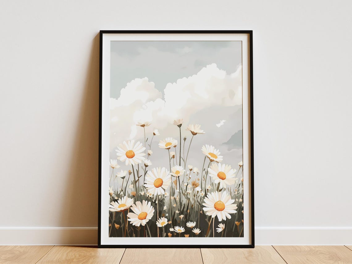 White Daisy Meadow Tall Stems Cloudy Sky Illustration Poster