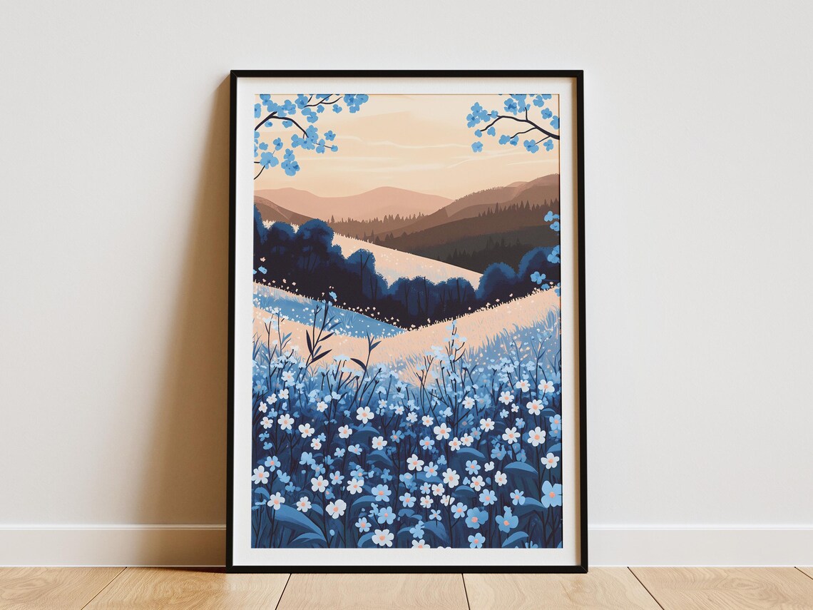 Forget Me Not Meadow Blue Wildflower Valley Dusk Landscape Poster