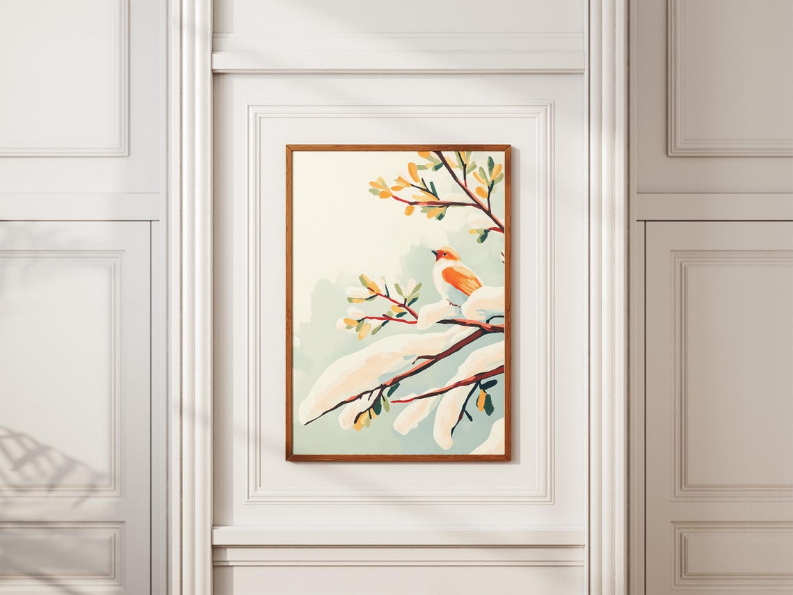 Orange Songbird Resting on a Snow Covered Branch in Winter Poster - Image 2