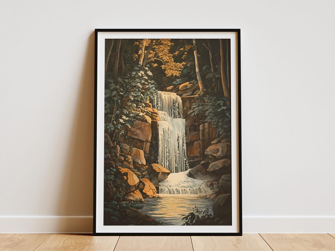 Forest Waterfall Cascading Over Mossy Rocks Vintage Nature Poster