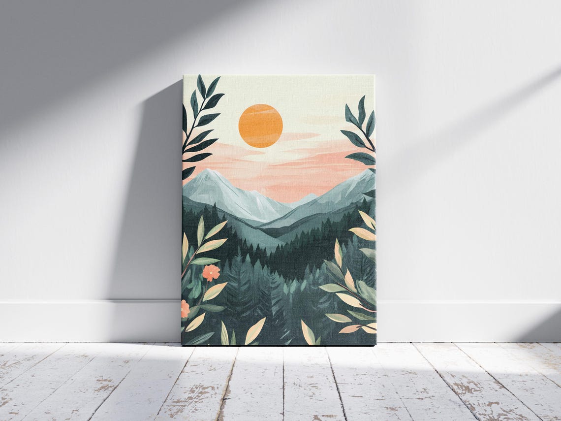Sunrise Mountain Forest Poster, Minimalist Nature Art Print - Image 2