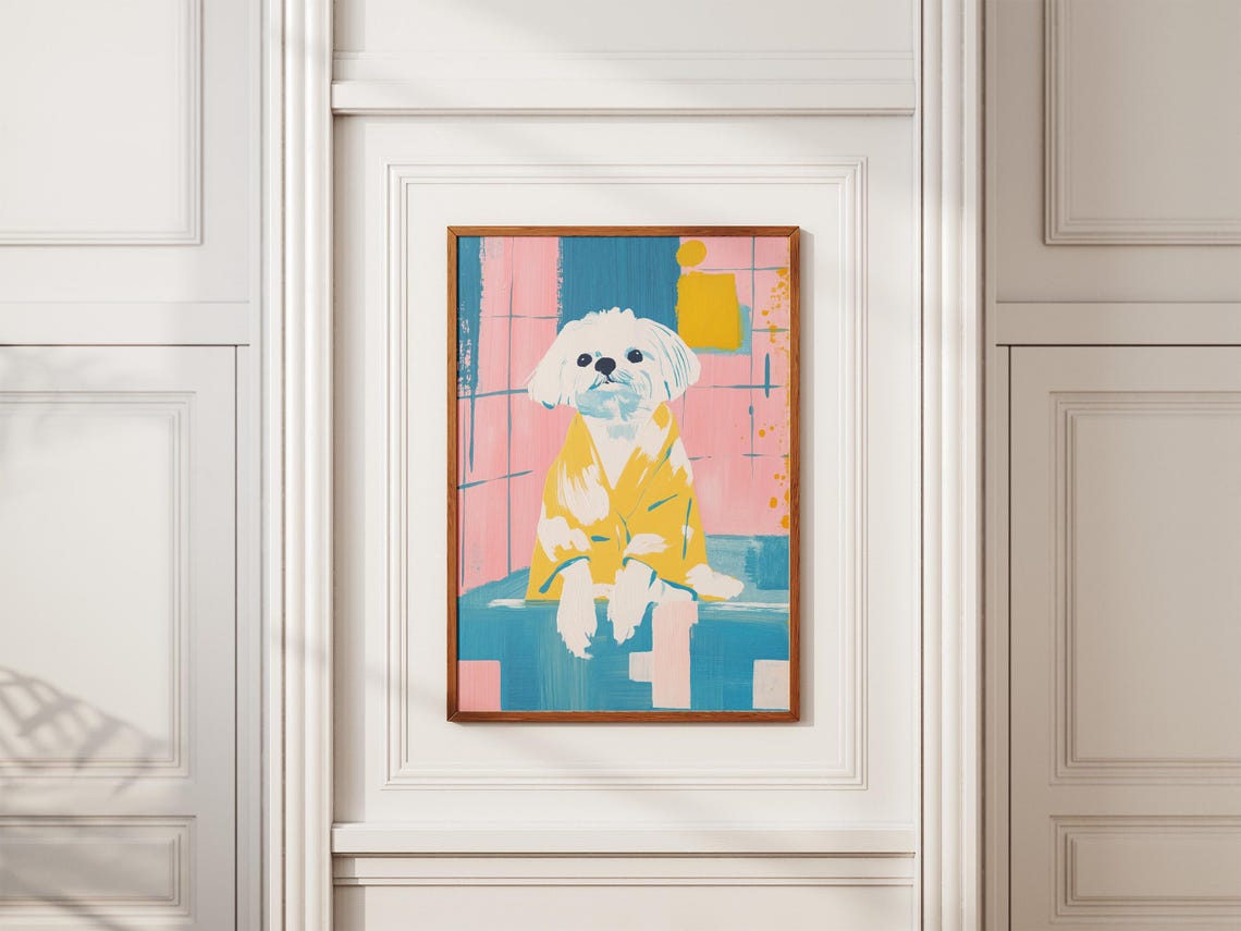 Cute White Fluffy Dog in Yellow Robe Colorful Pop Art Poster - Image 2
