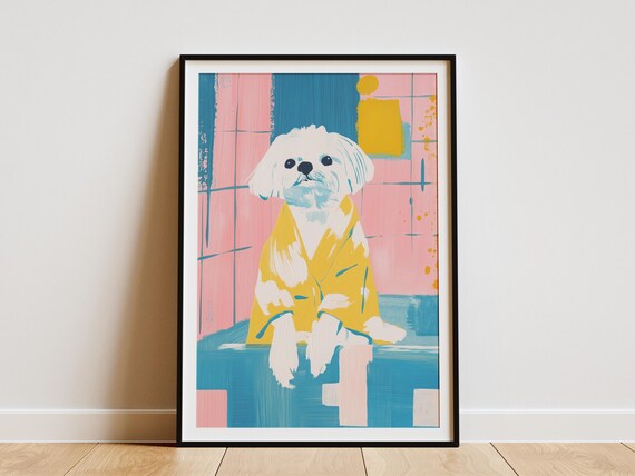 Cute White Fluffy Dog in Yellow Robe Colorful Pop Art Poster