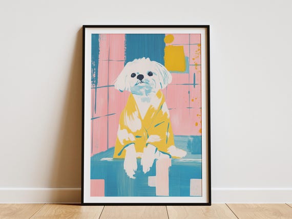 Maltese Dog Bathrobe Bathroom Art Print Matisse Style Lover Pet Portrait Poster Funny Wall Decor In Robe