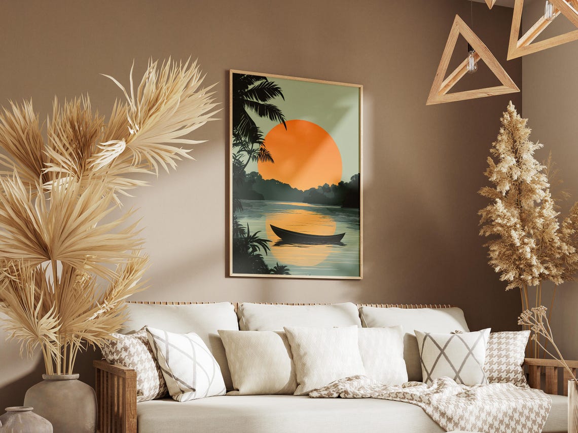 Sunset River Canoe Palm Trees Silhouette Tropical Nature Poster - Image 3