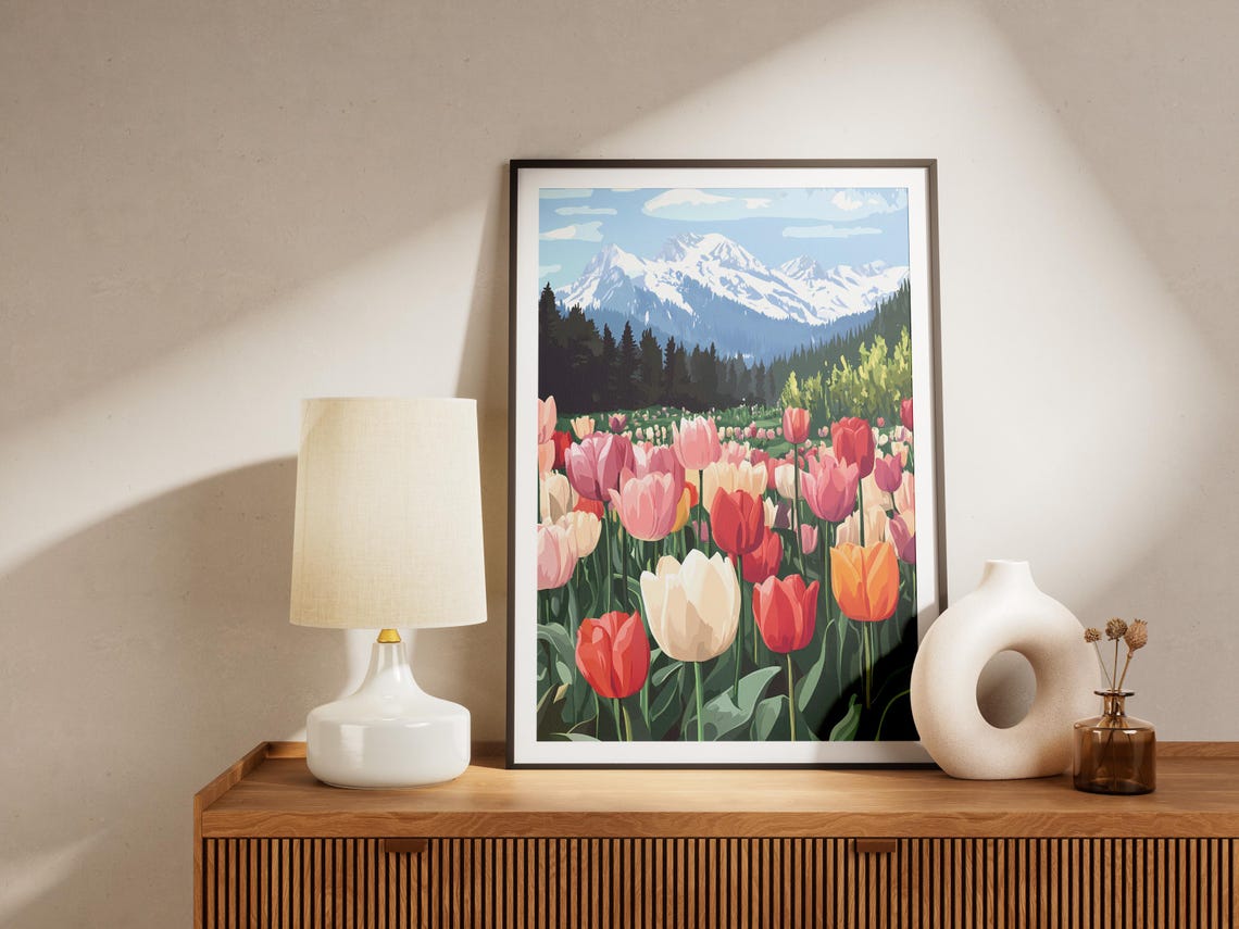 Multicolor Tulip Meadow Snow Capped Peaks Spring Landscape Poster - Image 4