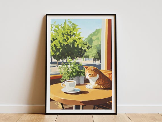 Cozy Cat Cafe Art Print Matisse Inspired Oil Painting Style Poster Coffee Shop Wall Decor Cute Animal Home Gift For Lovers