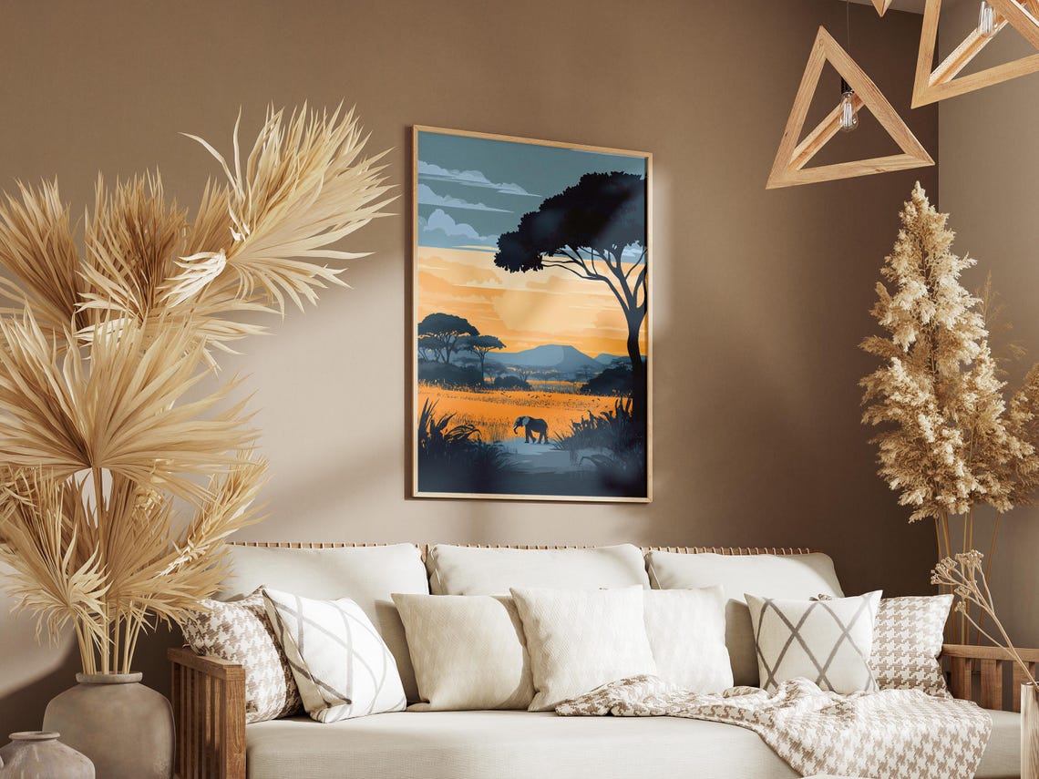 African Savanna Sunset Poster Elephant Acacia Tree Wall Decor Gift - Image 3
