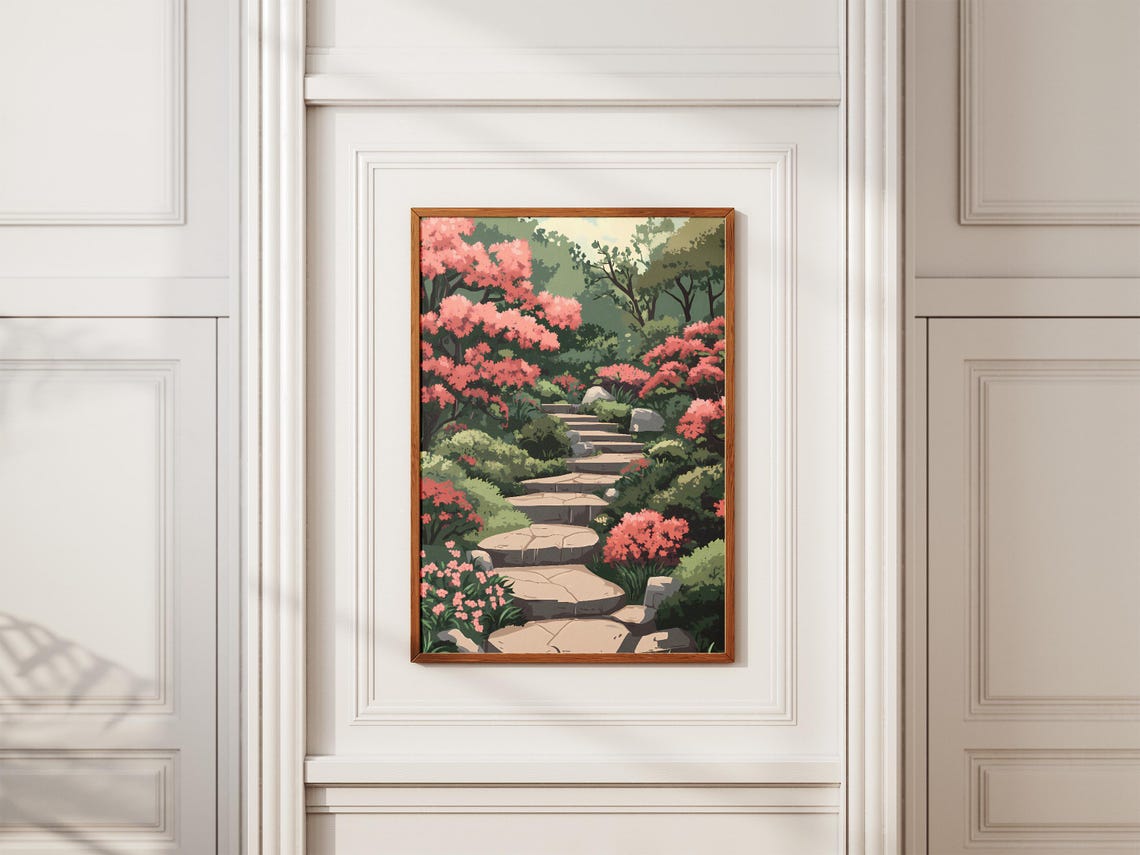 Stone Steps Japanese Garden Azalea Bloom Serene Landscape Poster - Image 2