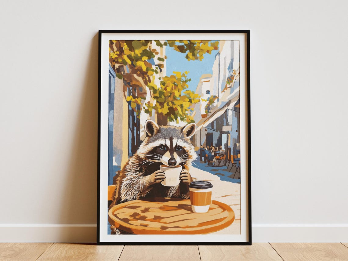 Raccoon Drinking Coffee at Outdoor Street Cafe Table Art Poster