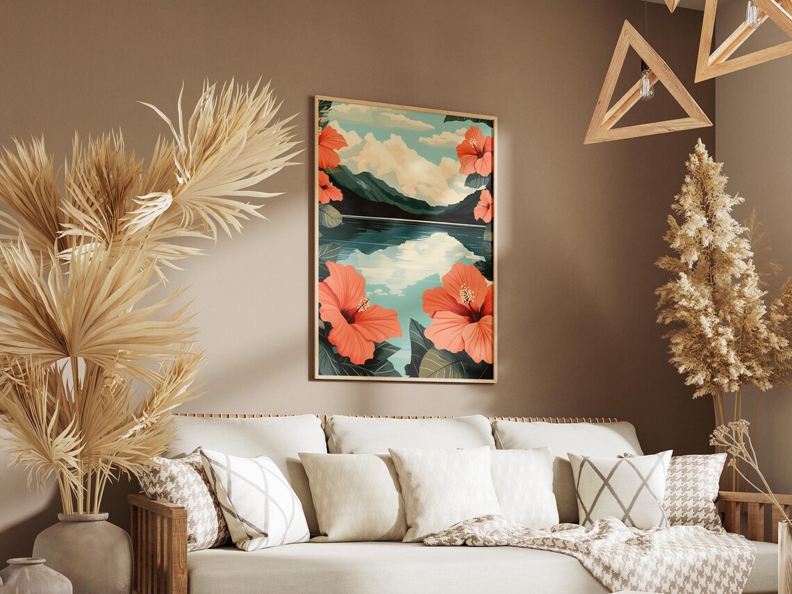 Coral Hibiscus Lake Mountain Landscape Tropical Scenic Poster - Image 3