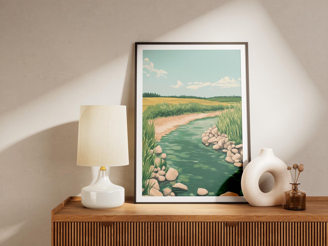 Green Summer River Rocks Grasses Golden Field Countryside Art Poster - Image 5